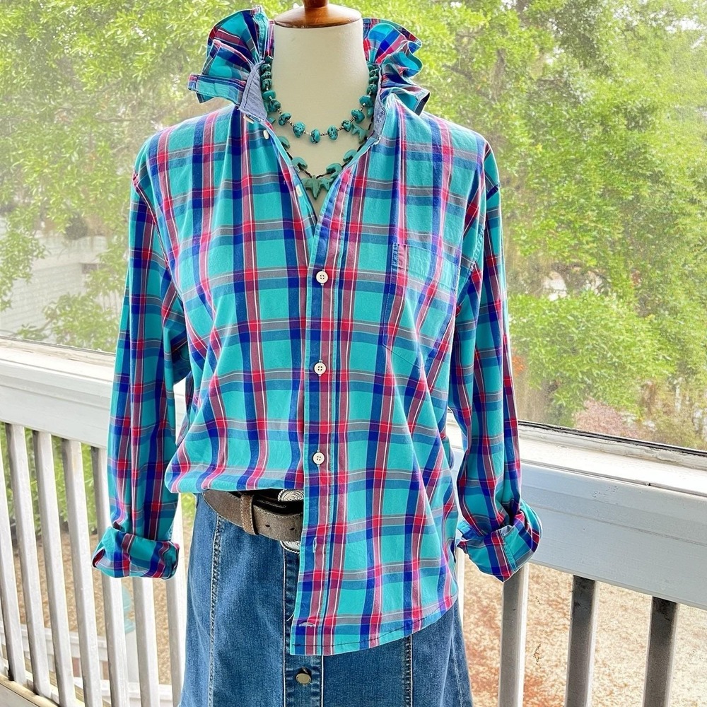 Upcycled Re-worked Crown & Ivy Turquoise / Hot Pink Plaid Ruffle Collar Shirt M